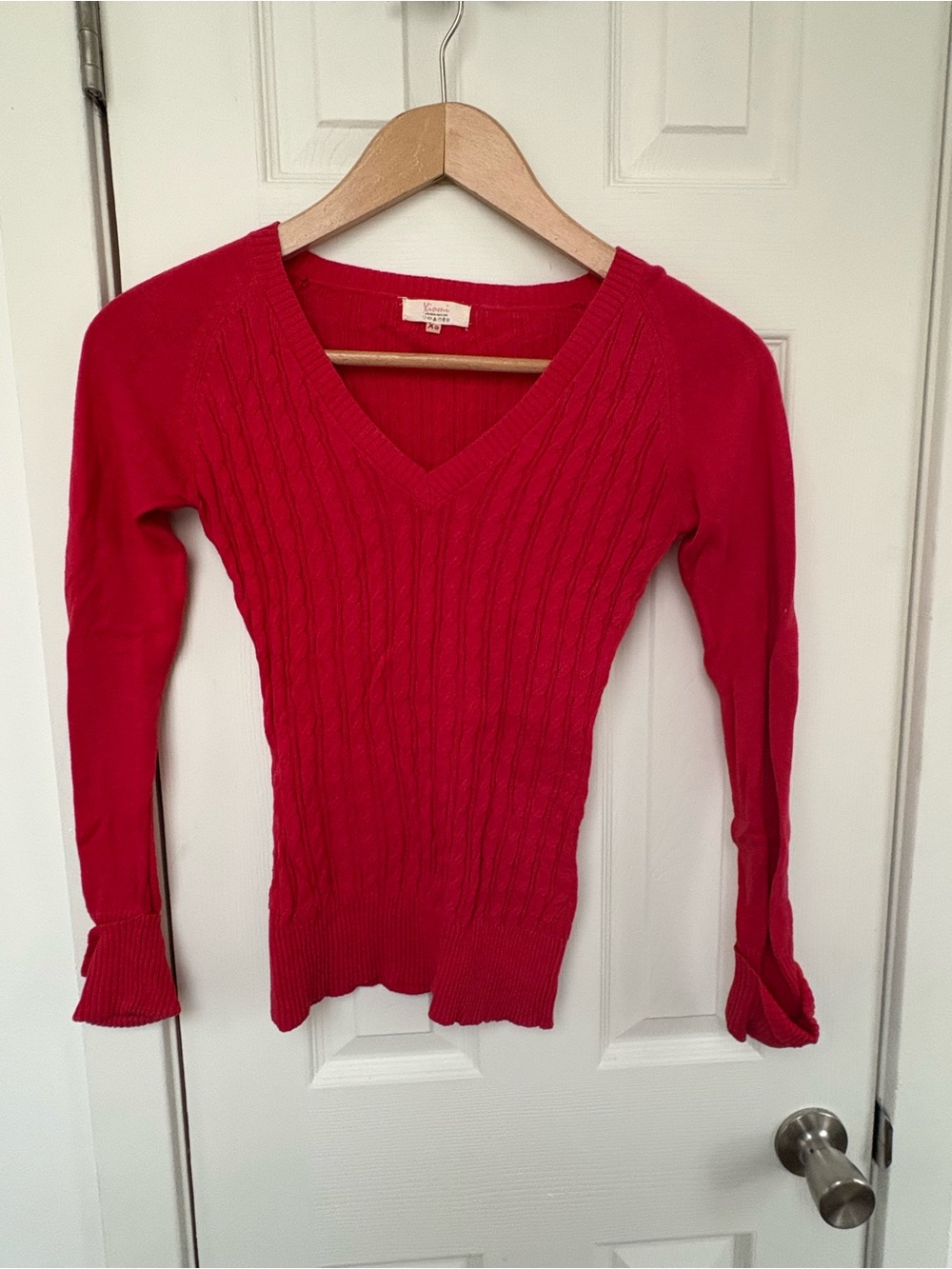 Women’s Red V‑Neck Cable Knit Sweater